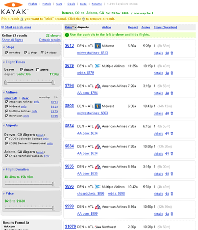 Screen shot of airline ticketing site