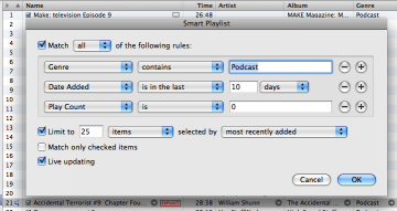 iTunes Smart Playlist settings for showing recently downloaded podcasts